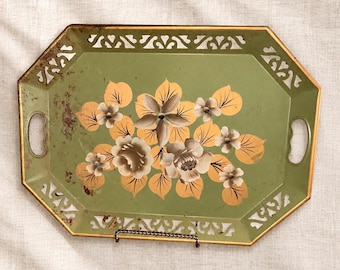 Vintage Tole Tray Avocado Green Metal Serving Tray Pierced Gallery Floral 18 In