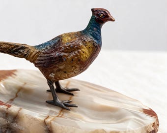 Vintage Cold-Painted Pheasant Onyx Catchall Art Deco Desk Valet Tray