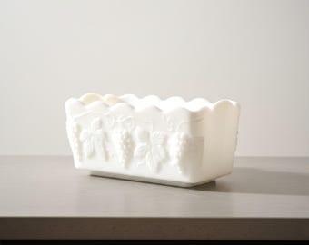 Vintage Fire King Planter, Milk Glass Grape Leaf Scalloped Window Box