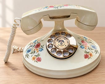 Vintage Floral Rotary Phone Ivory Gold Tone Desk Telephone Cottagecore