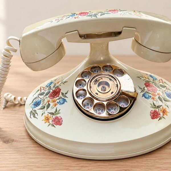 Vintage Floral Rotary Phone Ivory Gold Tone Desk Telephone Cottagecore