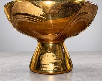 Vintage Swetye Pottery 22K Gold Pedestal Bowl Mid Century Compote Ohio 6 In