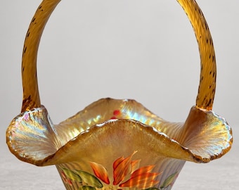 Vintage Fenton Amber Iridescent Poinsettia Glass Basket George Fenton Signed