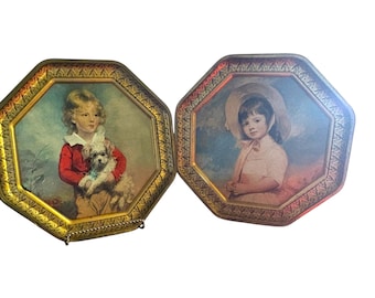 Vintage Octagonal Portrait Tins Pair Victorian Children Dog Metal Wall Art