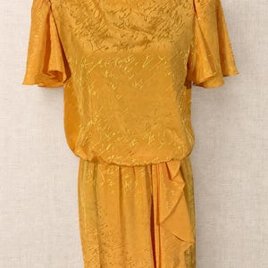 Vintage 1980s Yellow Jacquard Dress Jody California Flutter Sleeve Ruffle 9/10