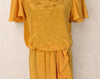 Vintage 1980s Yellow Jacquard Dress Jody California Flutter Sleeve Ruffle 9/10