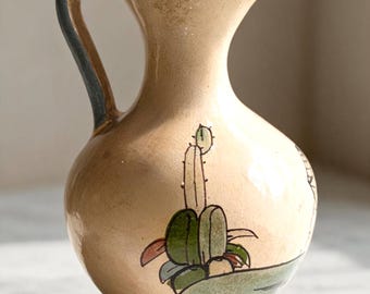 Vintage Mexican Folk Art Pottery Pitcher Campesino Cactus Redware Jug Vase