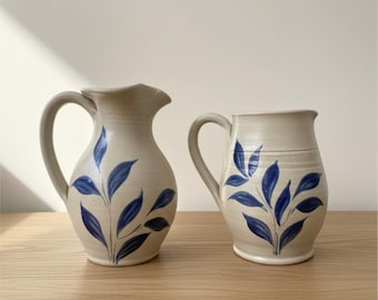 Vintage Williamsburg Pottery Set, Blue Floral Stoneware Creamer and Mug