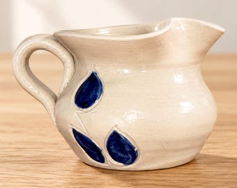 Vintage Williamsburg Pottery Creamer Pitcher Cobalt Blue Leaf Stoneware 2.5