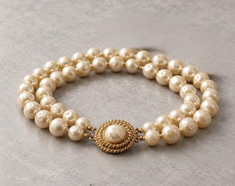 Vintage Double Strand Baroque Pearl Necklace Gold Rope Clasp 1980s Choker