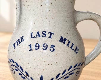 Vintage 1995 Stoneware Pitcher The Last Mile Cobalt Blue Wheat Signed Keaton