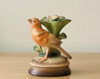 Vintage Ceramic Songbird Figurine, 1950s Airbrushed Floral, Royal Copley Style, 6 Inch
