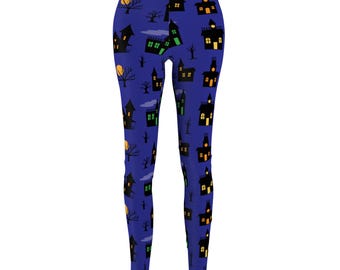 Leggings de casa embrujada de Halloween / Pantalones góticos espeluznantes / Ropa de bruja morada / Moda otoñal terrorífica / Ropa deportiva para la temporada de fantasmas / Regalo acogedor
