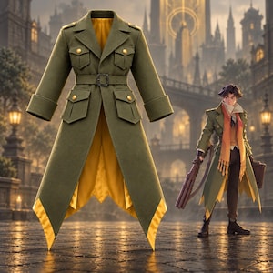 May include: An olive green trench coat featuring a bright yellow lining, a belted waist, four front pockets with gold-toned buttons, and wide cuffs. The coat has a structured collar and a long, pointed hemline that reveals the yellow interior fabric.