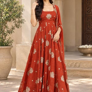 Rust Red Anarkali Dress with Dupatta, Embroidered Indian Wedding Dress, Long Flared Ethnic Gown, South Asian Festive Wear