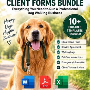 Könnte beinhalten: Ein digitales Bündel von Kundenformularen für Hundespaziergänger mit einem Golden Retriever, der eine Leine hält. Der Text umfasst DOG WALKING CLIENT FORMS BUNDLE, 10+ EDITABLE TEMPLATES sowie Symbole für Word-, PDF- und Excel-Formate.