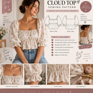May include: A digital sewing pattern for a Cloud Top featuring a square neckline, puff sleeves, and a flowy hem. The pattern includes detailed instructions, printable PDF files in A4 and US Letter sizes, and covers sizes from XXS to XXL.