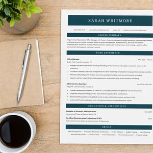May include: A professional resume template featuring a dark teal header with the name Sarah Whitmore, followed by sections for career summary, work experience, education, and skills, all presented in a clean, organized, and structured layout.