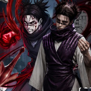 May include: A digital illustration featuring two depictions of a character with dark hair styled in a top knot. One version shows a fierce expression with red energy effects, while the other shows a calm demeanor wearing a purple vest over a white robe.