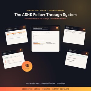 Op de afbeelding: Een digitaal gegamificeerd gewoontesysteem genaamd The ADHD Follow-Through System voor GoodNotes en Notion. Het bevat vijf schermweergaven, waaronder Daily Momentum, Weekly Momentum Review, Task Shrinker, Your Reward Menu en Grace Day Log.