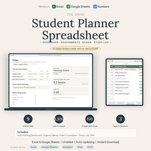 May include: A digital student planner spreadsheet displayed on a laptop and tablet screen. The interface features a dashboard with assignment tracking, exam countdowns, and study logs. Text includes The ADHD Student Planner Spreadsheet, Works in Excel, Google Sheets, Numbers, and lists features like auto-sorting, urgency bands, and GPA tracking.