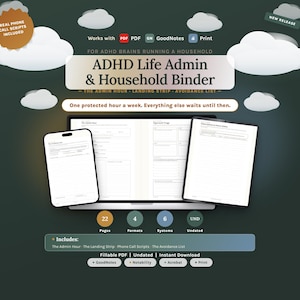 Puede incluir: Conjunto de planificador digital ADHD Life Admin & Household Binder con pantalla de tableta y teléfono. Incluye 22 páginas, 4 formatos, 6 sistemas y plantillas sin fecha para The Admin Hour, The Landing Strip, Phone Call Scripts y The Avoidance List.