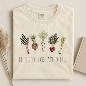 Komfortfärger Låt oss heja på varandra-tröja, trädgårdsskjorta, grön tumme-tröja, kålrotspresent, kålrotsskjorta, vegansk t-shirt, svart morot-tröja