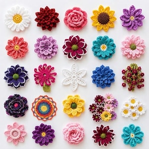 May include: A collection of twenty-five individual crochet flowers arranged in a grid. The assortment includes various shapes, sizes, and colors such as white, red, pink, yellow, purple, blue, and teal, featuring intricate yarn textures.