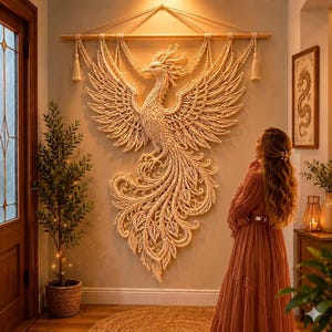 May include: A large, intricate macramé wall hanging featuring a detailed phoenix with expansive, feathered wings and a long, flowing tail. The piece is crafted from cream-coloured cord and suspended from a horizontal wooden rod with decorative tassels.
