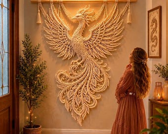 May include: A large, intricate macramé wall hanging featuring a detailed phoenix with expansive, feathered wings and a long, flowing tail. The piece is crafted from cream-colored cord and suspended from a horizontal wooden rod with decorative tassels.
