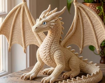 May include: A cream-colored crocheted dragon figurine featuring large, structured wings, a textured scale pattern along the chest, a long tail, and sharp, light-colored claws. The creature has light blue eyes and small horns on its head.