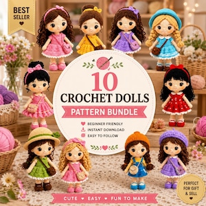 May include: A collection of ten handmade crochet dolls featuring various hair colours, styles, and outfits including dresses, hats, and small bags. A central circular sign displays the text 10 CROCHET DOLLS PATTERN BUNDLE with icons.