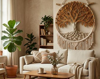 May include: A large circular macrame wall hanging featuring a tree of life design with mustard yellow leaves and cream-colored roots, suspended from a wooden hoop. The piece includes intricate knotted details and long fringe with wooden beads.