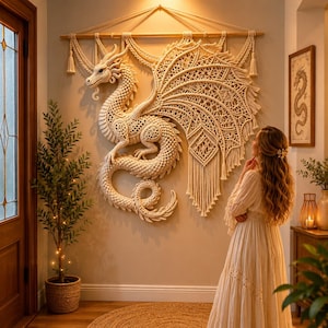 Peut inclure: Une grande tenture murale en macramé blanc cassé représentant un dragon complexe avec des nœuds détaillés, des écailles texturées et de grandes ailes. L'œuvre est suspendue à une tige en bois horizontale et comporte des pompons décoratifs.