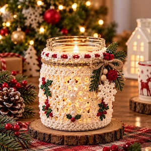 May include: A glass candle jar wrapped in a cream-colored crocheted cozy featuring a snowflake pattern, accented with a jute twine bow, small green pine sprigs, red berries, and a white crocheted snowflake ornament on the side.