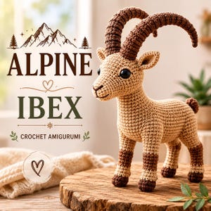 May include: A tan and brown crochet amigurumi alpine ibex with large curved horns and black eyes. The text reads ALPINE IBEX CROCHET AMIGURUMI with a mountain graphic and a heart symbol. The figure stands on a round wooden slice surface.