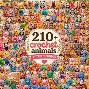 May include: A large collection of small, colorful crocheted animal figures arranged in a grid pattern, surrounding a central white label with the text 210+ crochet animals PATTERN BUNDLE and a small pink heart icon at the bottom.