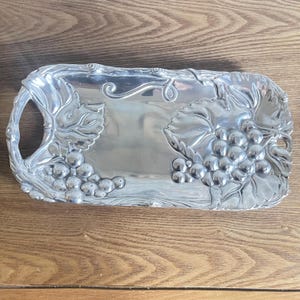 Vintage 2005 Arthur Court Grape Bread Tray, Sand-Cast Aluminum Rectangular Serving Platter, Grapevine Leaf Design