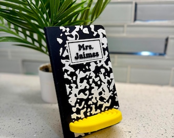 Personalized School themed Phone Stand | Desk Phone Stand | Back to School Composition Notebook, Crayon, Paper themed Desk Acessory