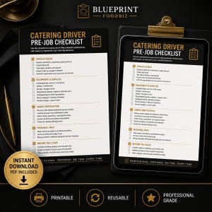 Puede incluir: Un documento de lista de verificación previa al trabajo para conductores de catering con secciones para vehículo, equipo, verificación de pedidos, preparación personal y tareas de salida, en negro y oro sobre fondo blanco.