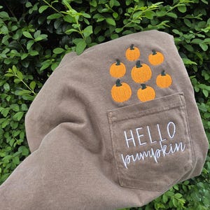 May include: A brown t-shirt featuring an embroidered design of seven orange pumpkins above a chest pocket. The pocket is embroidered with the white text "HELLO pumpkin" in a combination of block and cursive lettering on the fabric surface.