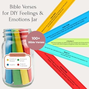 May include: A clear glass jar filled with colorful paper strips labeled Bible Verses for DIY Feelings & Emotions Jar. The jar features a label with color-coded categories for Grateful, Anxious, Hopeful, and Angry emotions, alongside 100+ Bible Verses.