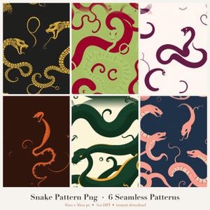 May include: A collection of six seamless digital patterns featuring snake illustrations in various color palettes including black and gold, green and red, white and purple, brown and orange, cream and dark green, and navy blue and light pink.