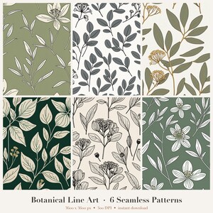 Botanical Seamless Pattern Set, Wildflower Line Art Digital Paper, Sage Green Floral Repeat PNG, Commercial Use, Fabric Wallpaper Craft