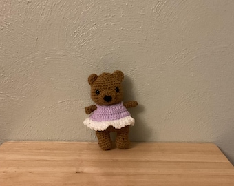 Handmade Crochet, Crochet Brown Bear Stuffed Animal, Brown Bear Plush with Purple Dress, Cute Bear, Adorable Small Crochet Bear with Dress