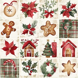 Peut inclure: Une grille de seize panneaux carrés présentant des illustrations de Noël, notamment un bonhomme en pain d'épice, des poinsettias, du houx, des couronnes de pin, un sucre d'orge, un biscuit en étoile, un sapin décoré, une bougie rouge et une maison.