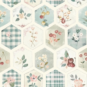 May include: A repeating pattern of hexagons on a cream background, featuring illustrations of cherries, various flowers, and teal gingham checks. Each hexagon is outlined with a dashed line, showcasing botanical motifs in soft muted tones.