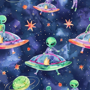 May include: A seamless pattern featuring green aliens in striped shirts piloting flying saucers against a dark blue watercolor space background with orange stars and a green planet. The design includes multiple UFOs and extraterrestrial figures.