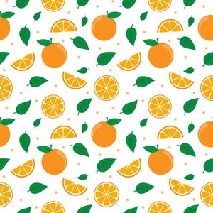 May include: A repeating pattern on a white background featuring whole orange fruits, sliced orange segments, and green leaves. The design includes small light orange dots scattered throughout the composition, creating a consistent fruit-themed graphic.