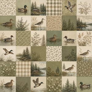 May include: A fabric panel featuring a grid of squares with illustrations of ducks, shorebirds, pine trees, cabins, plaid patterns, and floral motifs in shades of sage green, brown, and cream. The repeating design showcases wildlife.